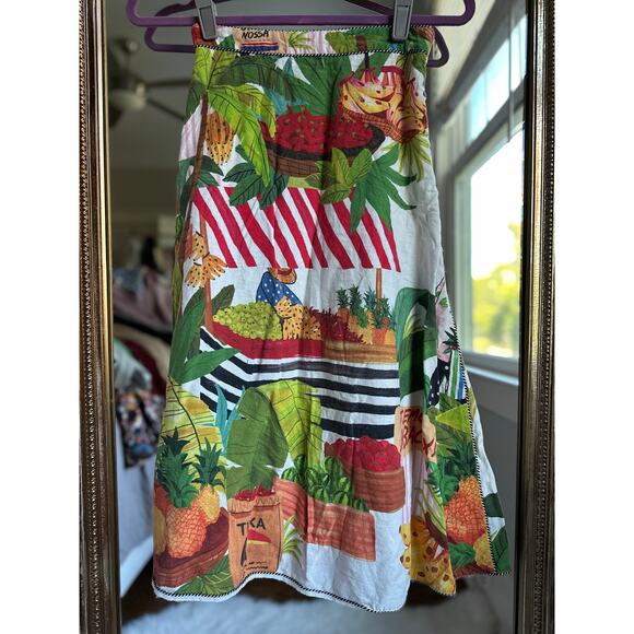RARE Farm Rio Tropical Market Print Linen Blend Midi Skirt Size XS - Picture 1 of 4